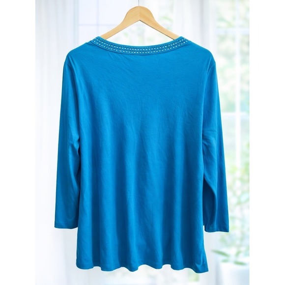 JM Collection Embellished V Neckline Popover Top 3/4-Sleeve Turquoise Size L - Picture 2 of 12